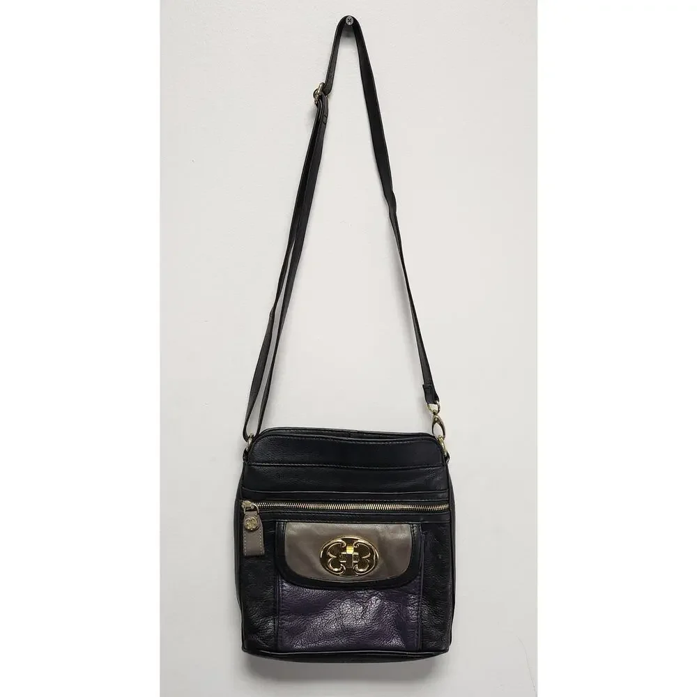 Emma Fox Black, Purple & Grey  Leather Crossbody Handbag with Gold Hardware